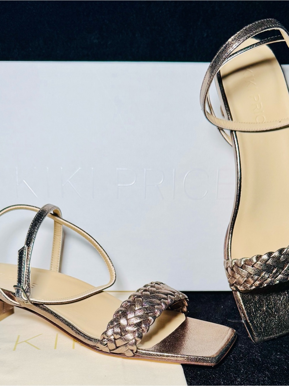 KIKI PRICE Braided Metallic Strap Heels in Pewter
